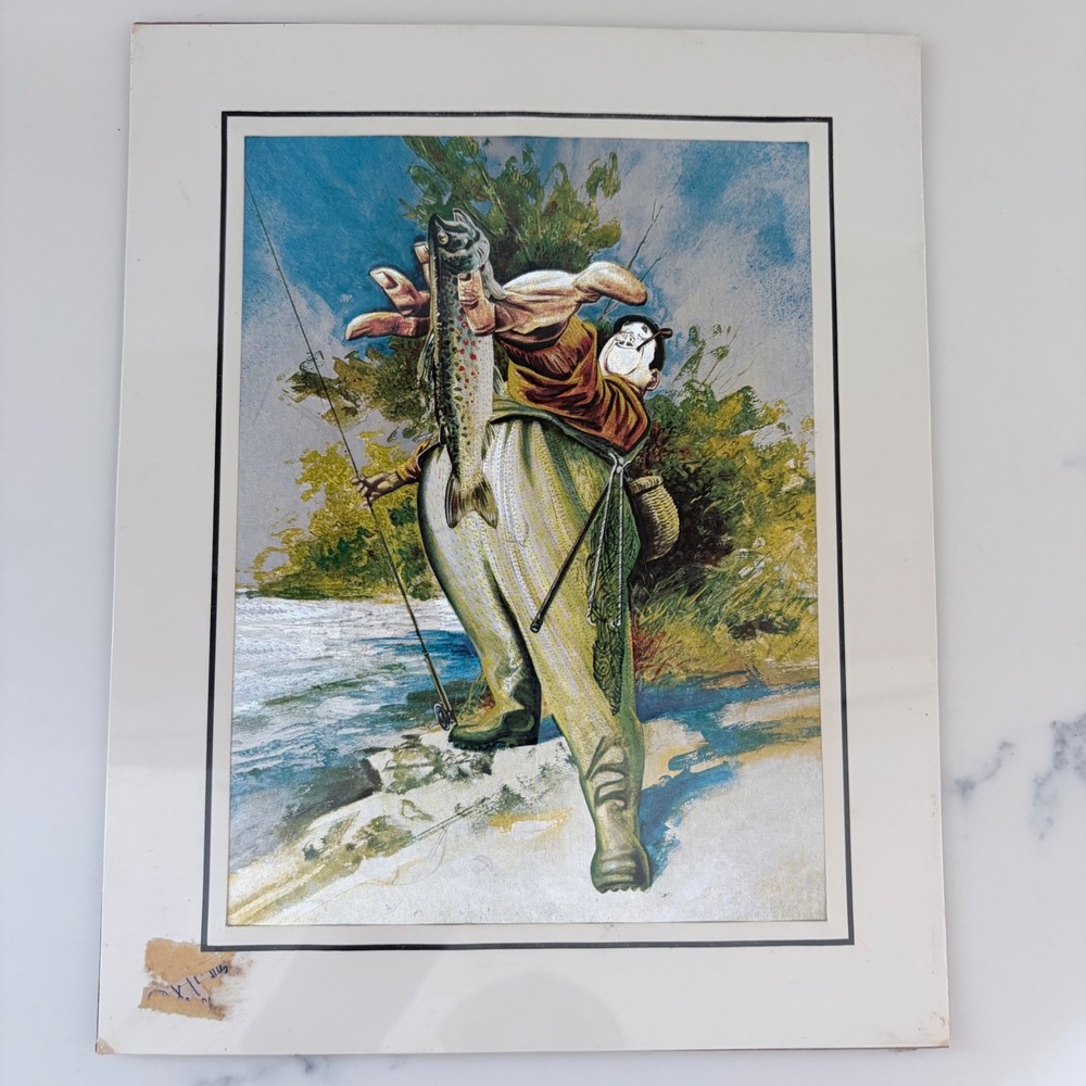 Vintage Lyricard English Metal Etching Fisherman Iridescent Art Print 8x10
